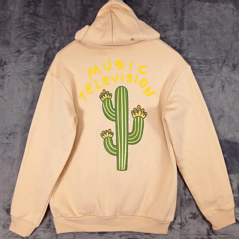 MTV Hoodie Mens Medium Beige Cactus Music Television Graphic Pullover Sweatshirt